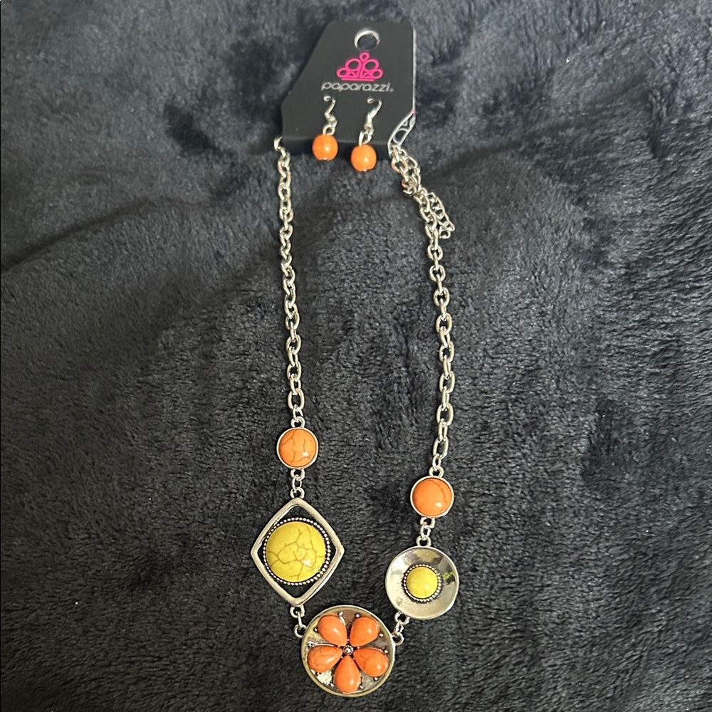 paparazzi Orange and Yellow Mixed Stone Pendant Necklace with Matching Earrings